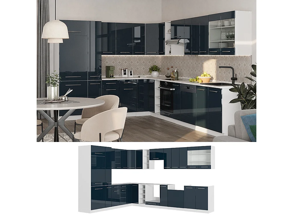 Hjørnekøkken mørkeblå højglans/hvid 347x60x81.6 fame-line