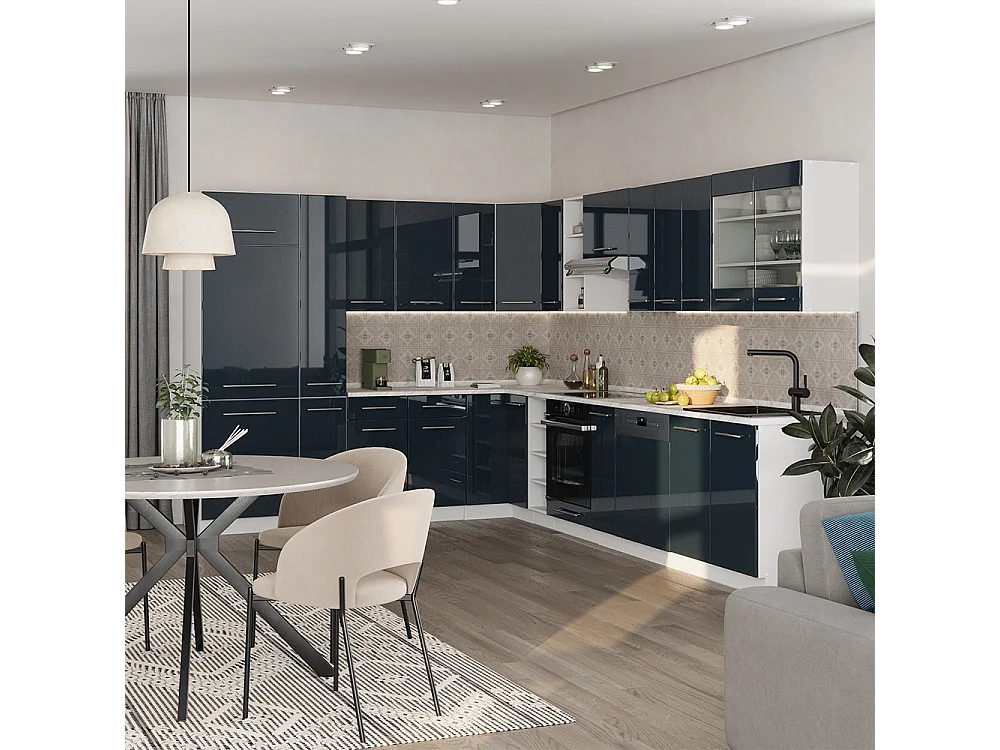 Hjørnekøkken mørkeblå højglans/hvid 347x60x81.6 fame-line