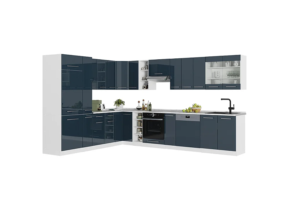 Hjørnekøkken mørkeblå højglans/hvid 347x60x81.6 fame-line