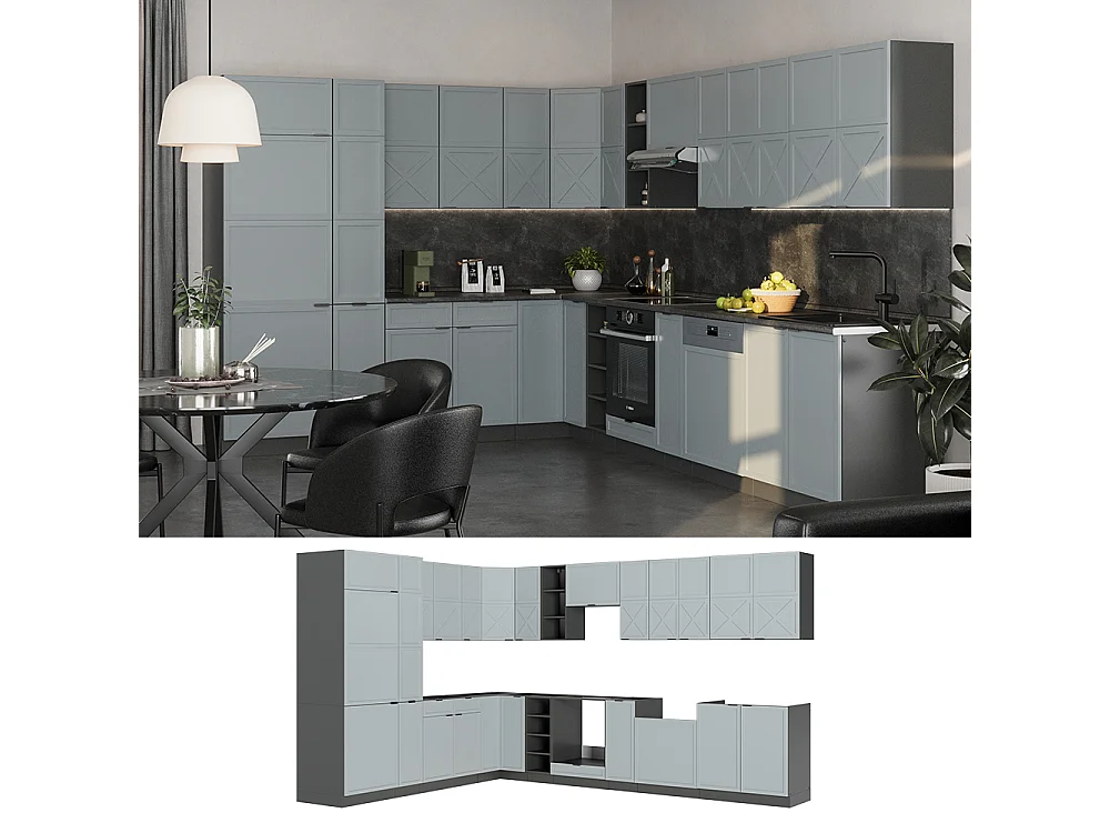Cucina angolare completa azzurro-grigio/antracite 347x60x81.6 fame-line