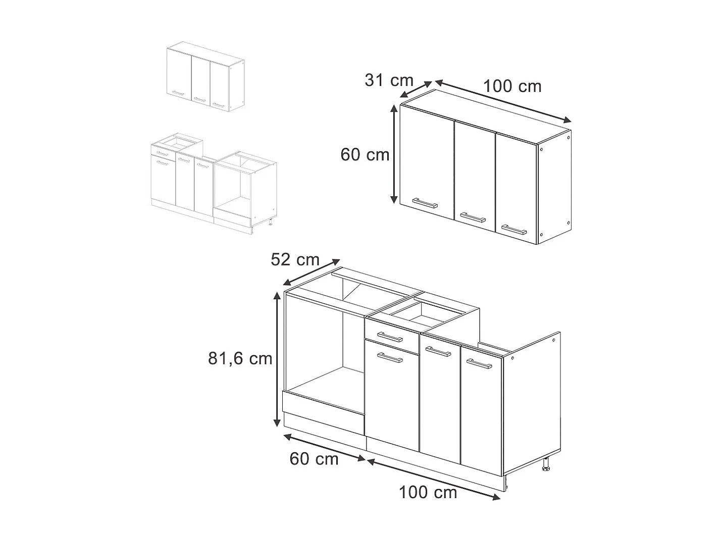 Cocina para solteros blanco brillo/antracita 160x46x81.6 r-line