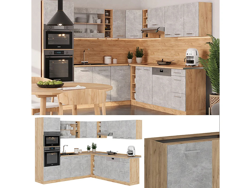 Cocina esquinera hormigón/roble dorado 247x60x81.6 r-line