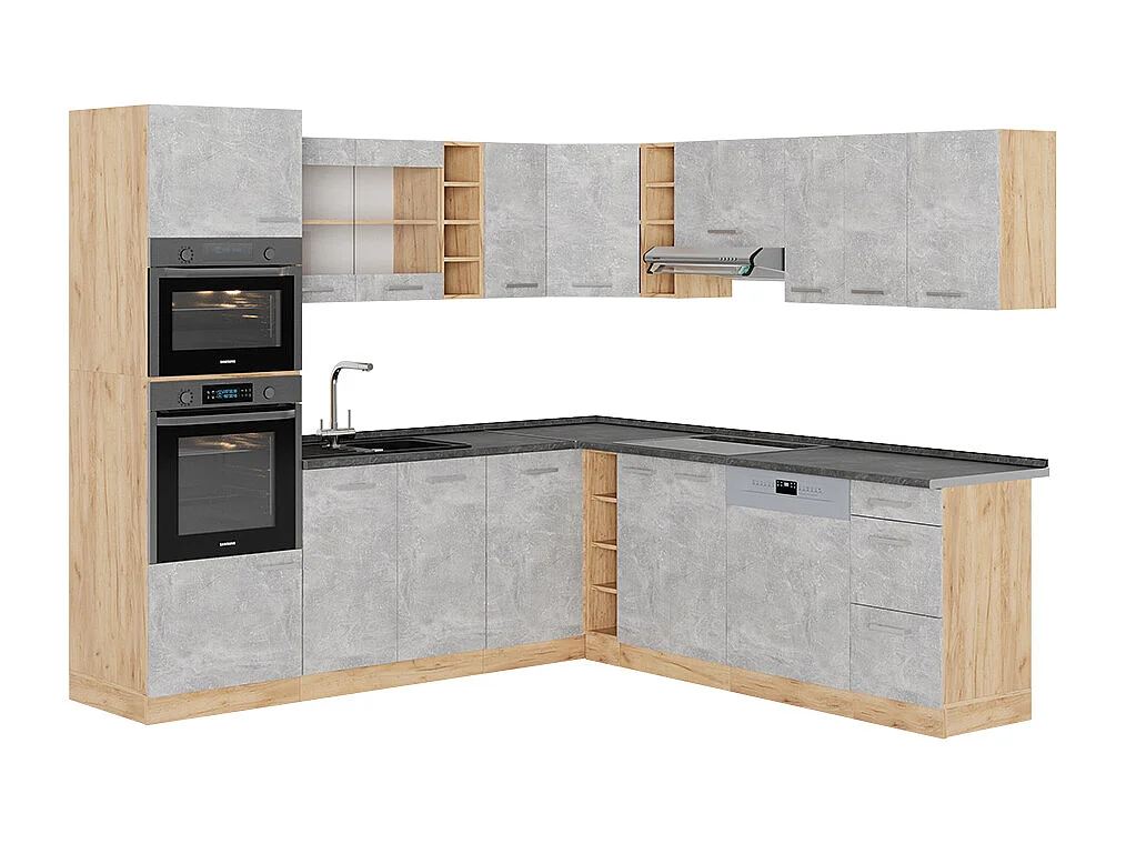 Cuisine en angle béton/force dor chêne 247x60x81.6 r-line