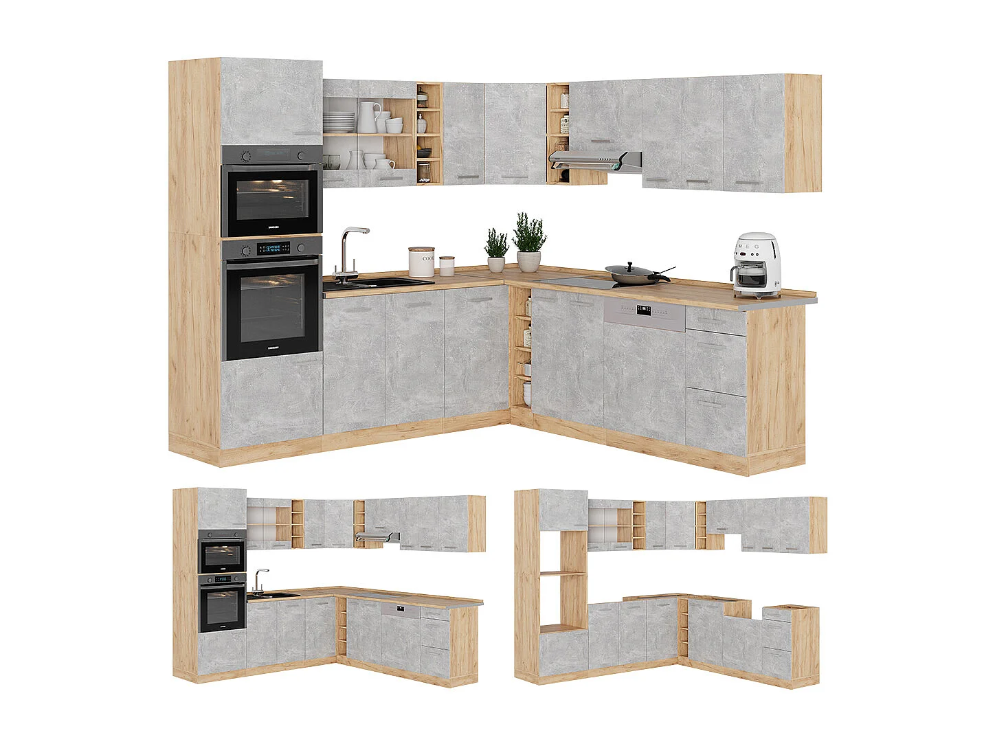 Hjørnekøkken beton/gyldent egetræ 247x60x81.6 r-line