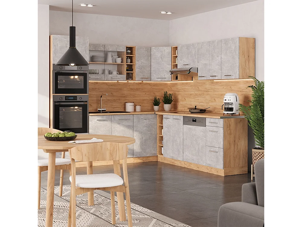 Cuisine en angle béton/chêne de force doré 247x60x81.6 r-line