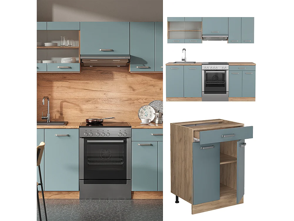 Cucina componibile rovere blu-grigio/oro 200x60x81.6 r-line