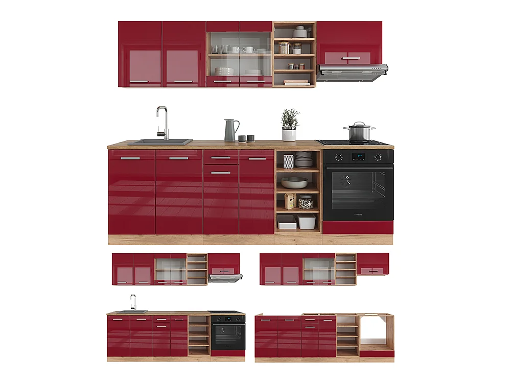 Cuisine rouge brillant/chêne doré 240x60x81.6 r-line