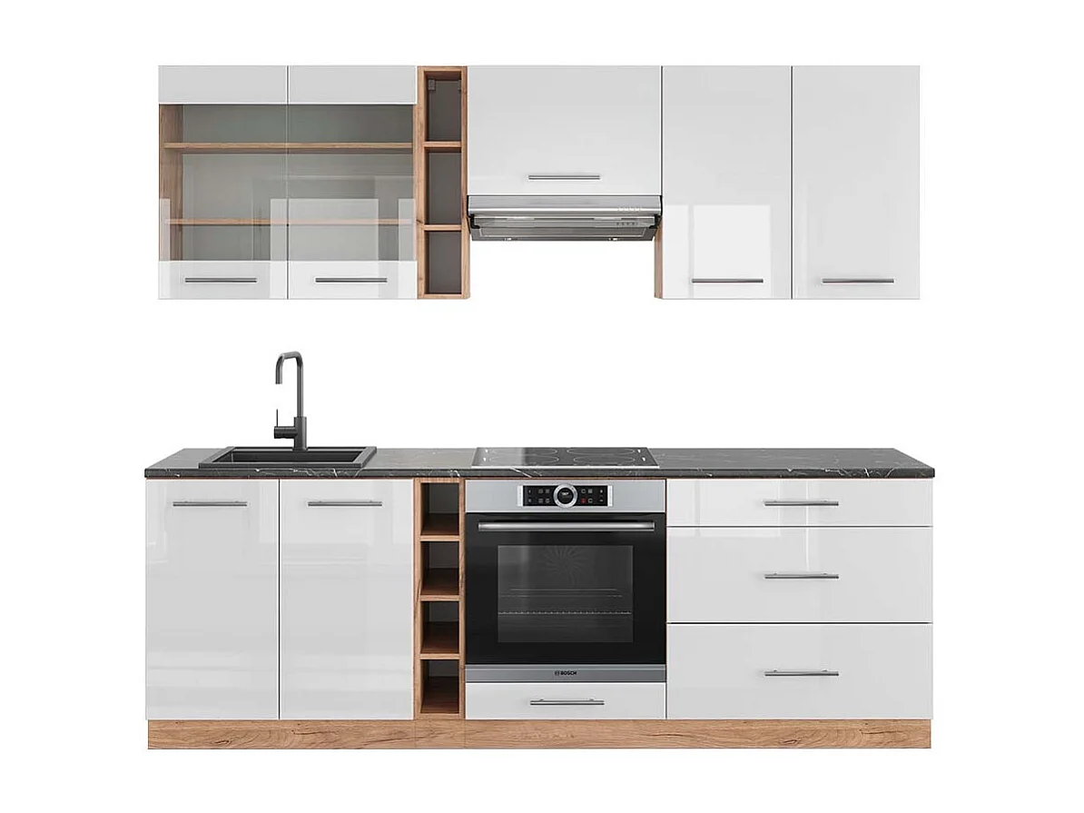 Mueble de cocina blanco brillo intenso/roble dorado 235x60x81.6 fame-line