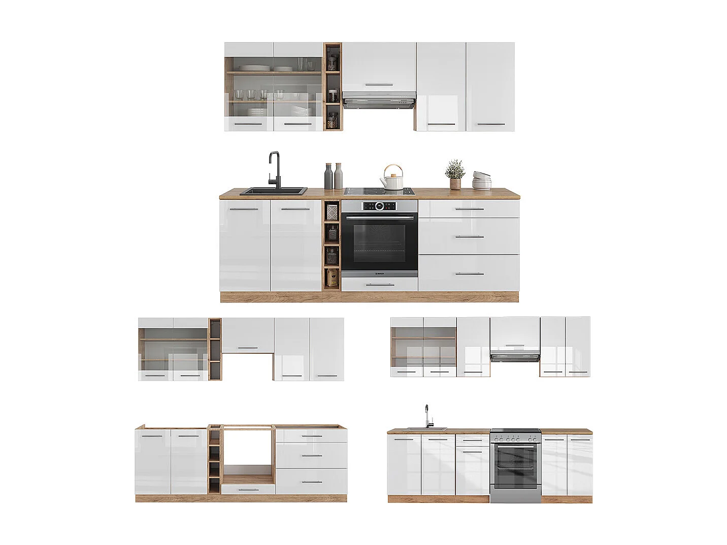 Køkkenrække hvid højglans/guld power oak 235x60x81.6 fame-line