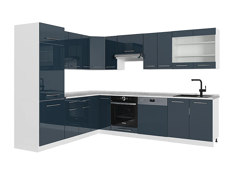 Cucina angolare completa blu scuro lucido/bianco 287x60x81.6 fame-line