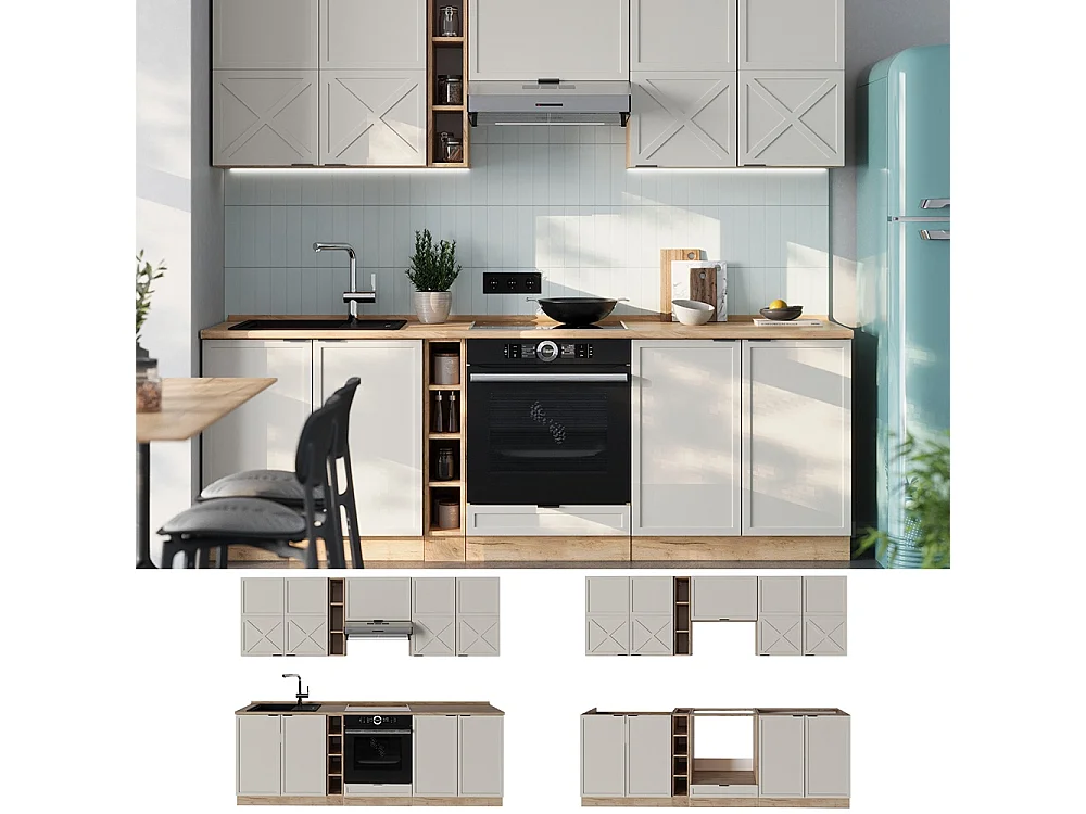 Mueble de cocina gris/beige/roble dorado 235x46x81.6 fame-line