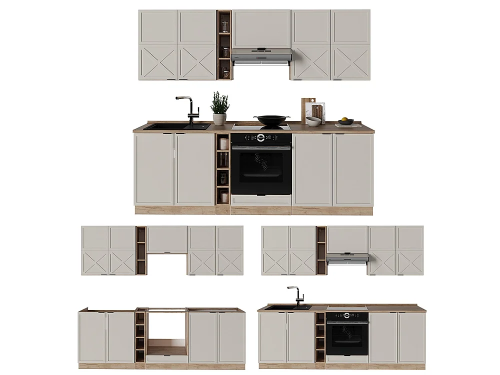 Mueble de cocina gris/beige/roble dorado 235x46x81.6 fame-line