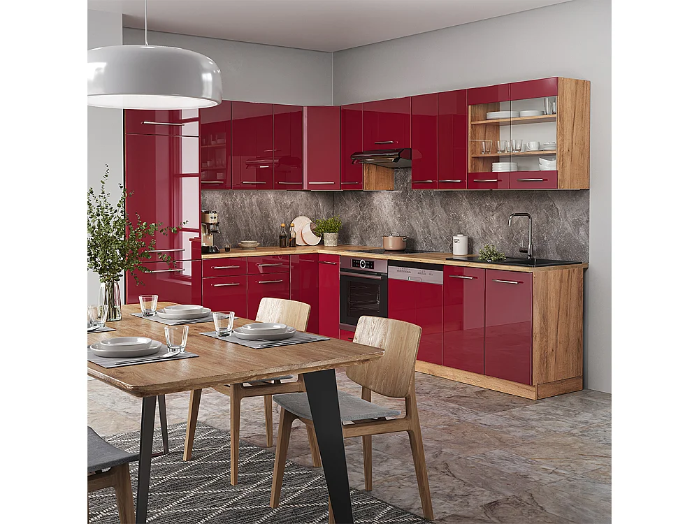 Cocina esquinera burdeos brillo intenso/roble dorado 287x46x81.6 fame-line