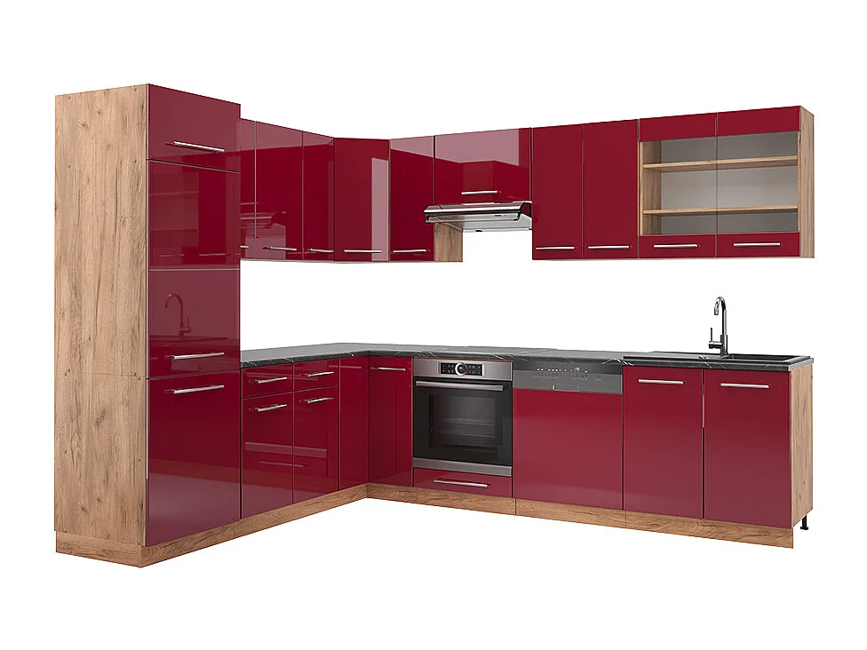 Cocina esquinera burdeos brillo intenso/roble dorado 287x46x81.6 fame-line