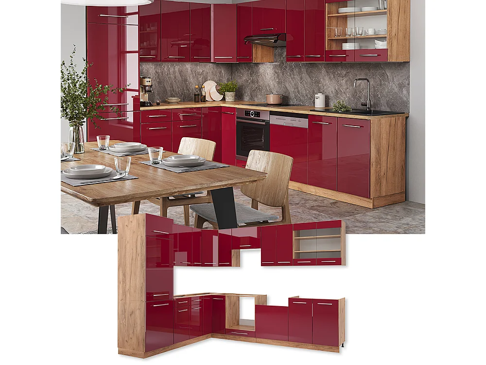 Cocina esquinera burdeos brillo intenso/roble dorado 287x46x81.6 fame-line