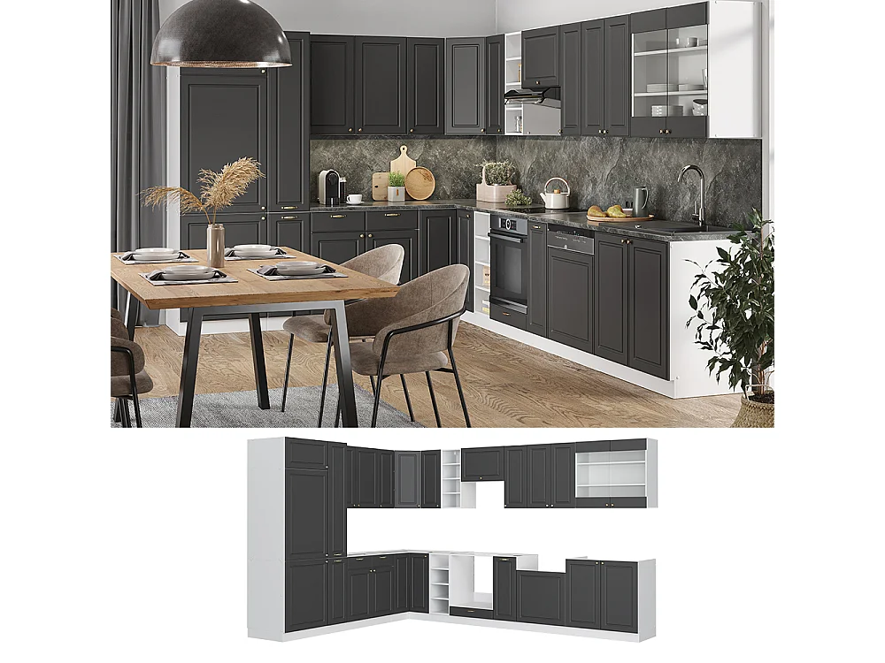 Kogoszczona kuchnia antracytowo-złoto-biały 347x60x81.6 fame-line