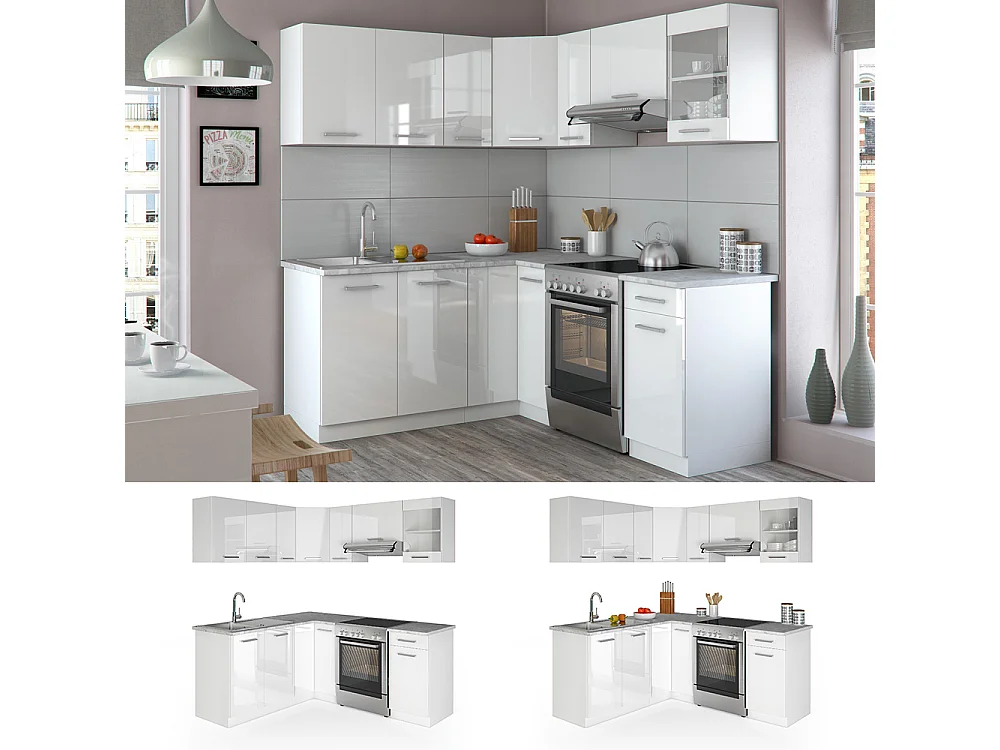 Cuisine en angle blanc haute brillance/blanc 187x60x81.6 r-line