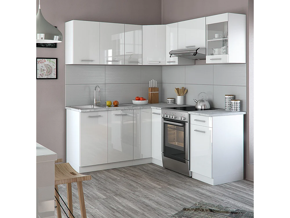Cuisine en angle blanc haute brillance/blanc 187x60x81.6 r-line