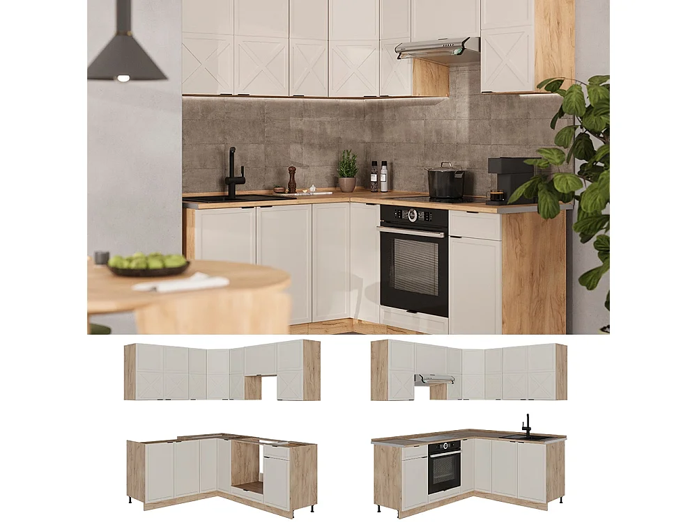 Cocina esquinera grisbeige/roble dorado 190x60x81.6 fame-line