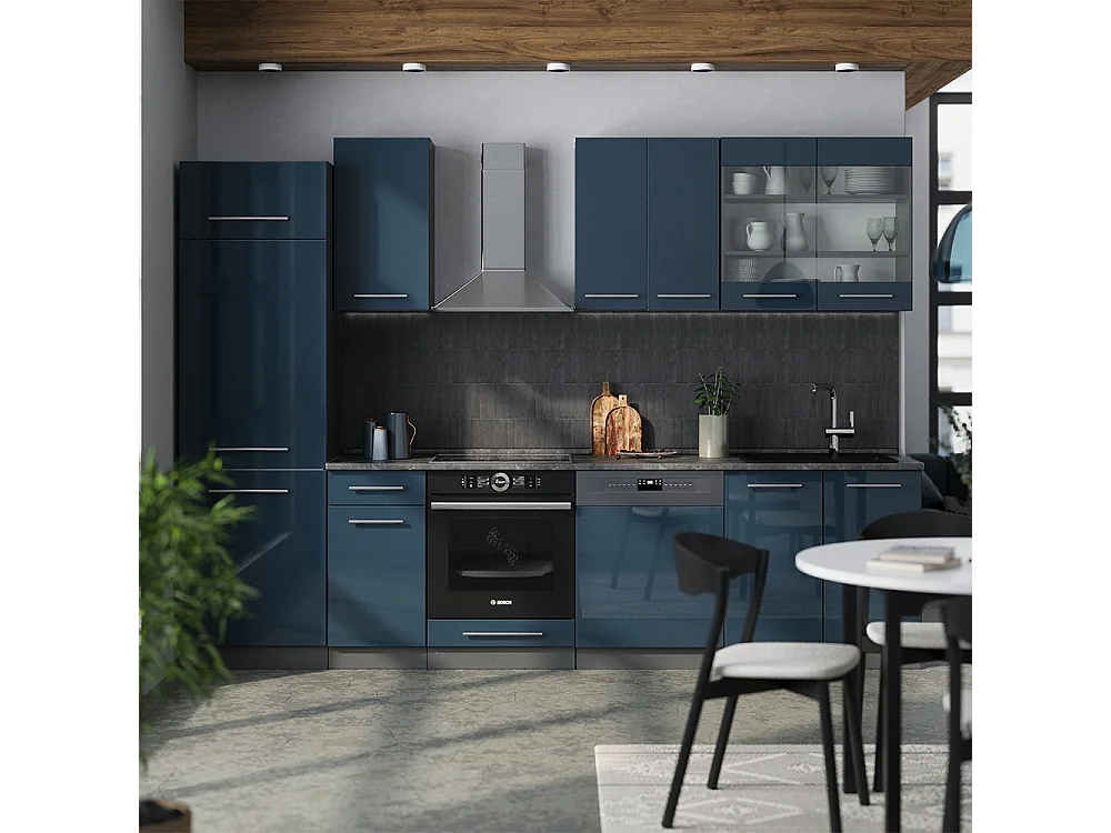 Kitchenette bleu foncé brillant/anthracite 300x46x81.6 fame-line