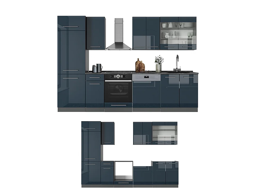Kitchenette bleu foncé brillant/anthracite 300x46x81.6 fame-line