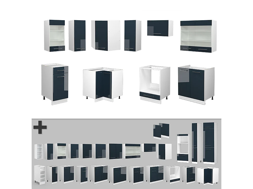Armoires de cuisine bleu foncé brillant/blanc 190x60x81.6 fame-line