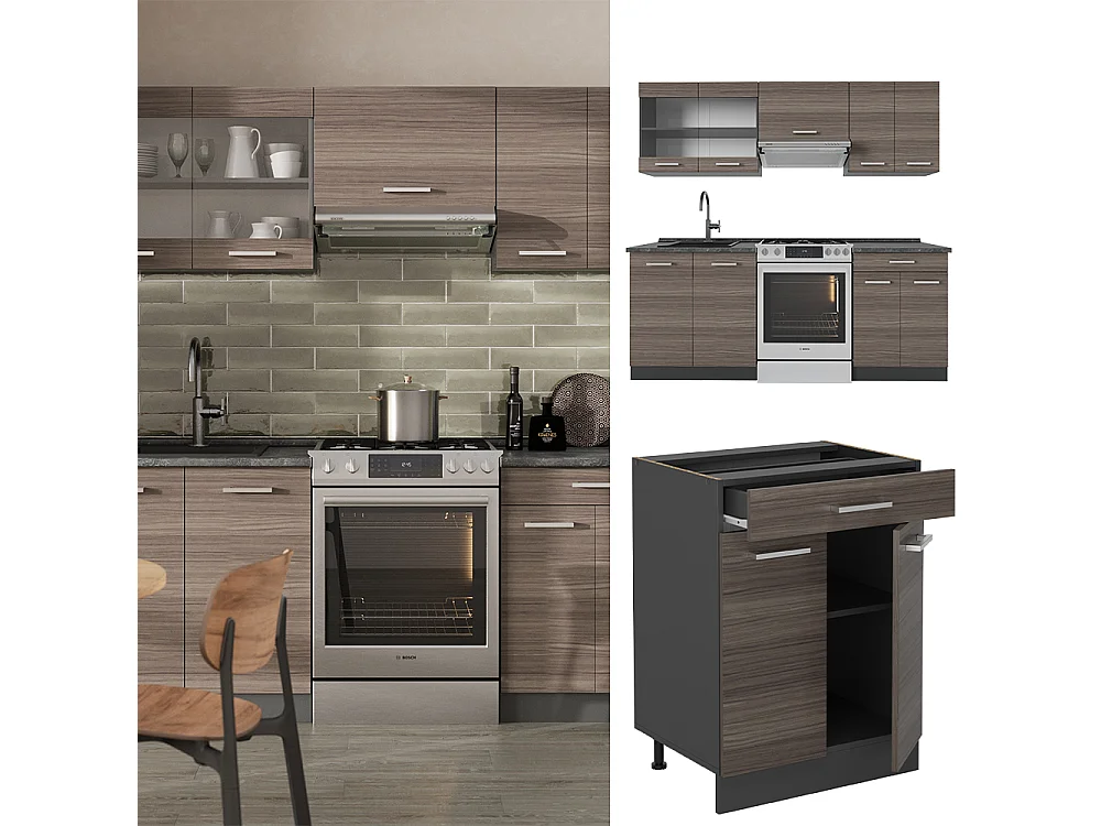 Mueble de cocina gris noble/antracita 200x60x81.6 r-line