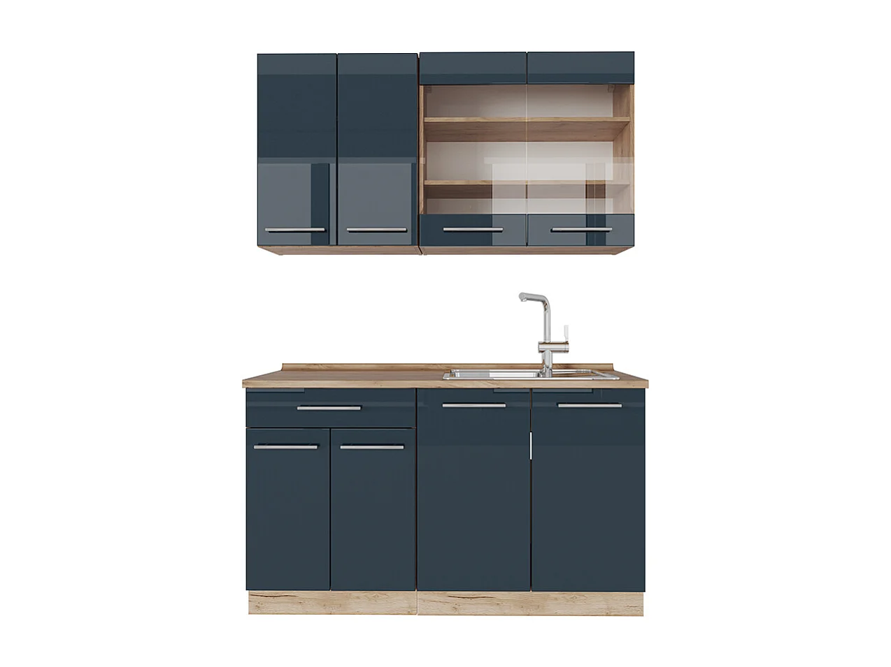 Kitchenette bleu foncé brillant/chêne doré 140x46x81.6 fame-line