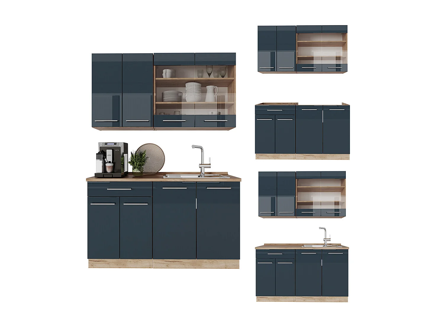 Kitchenette bleu foncé brillant/chêne doré 140x46x81.6 fame-line