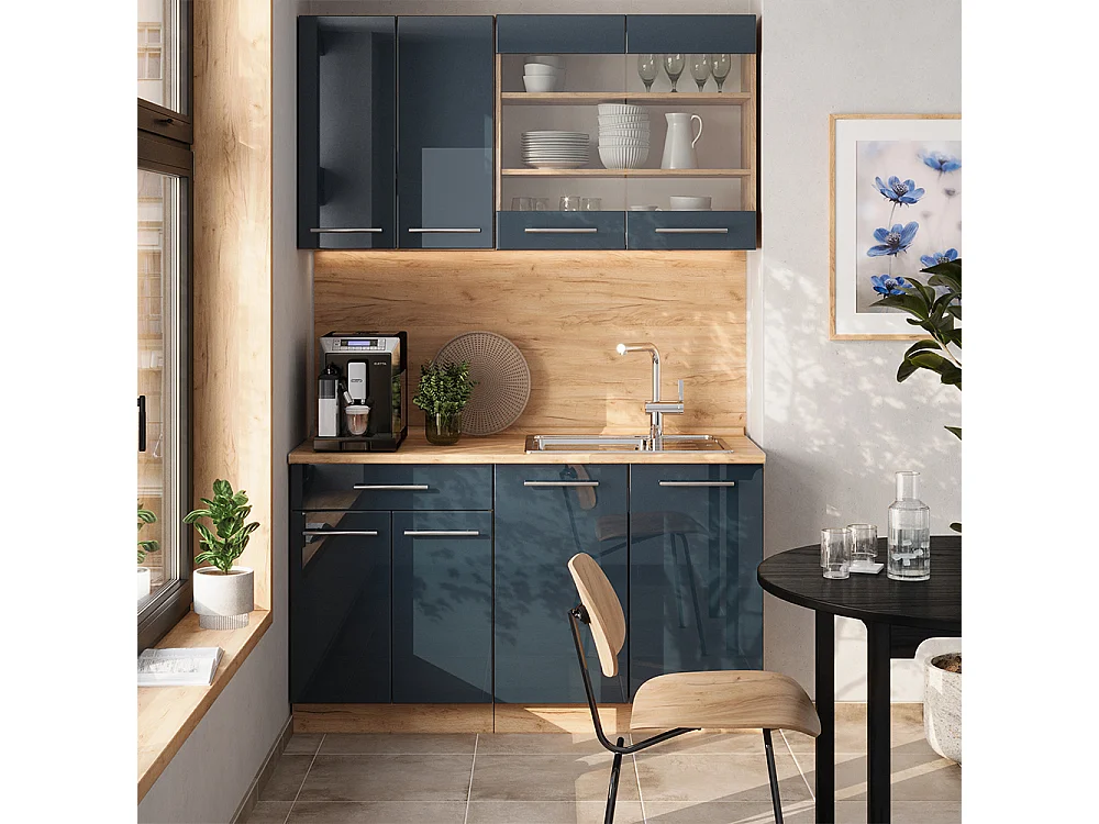 Kitchenette bleu foncé brillant/chêne doré 140x46x81.6 fame-line