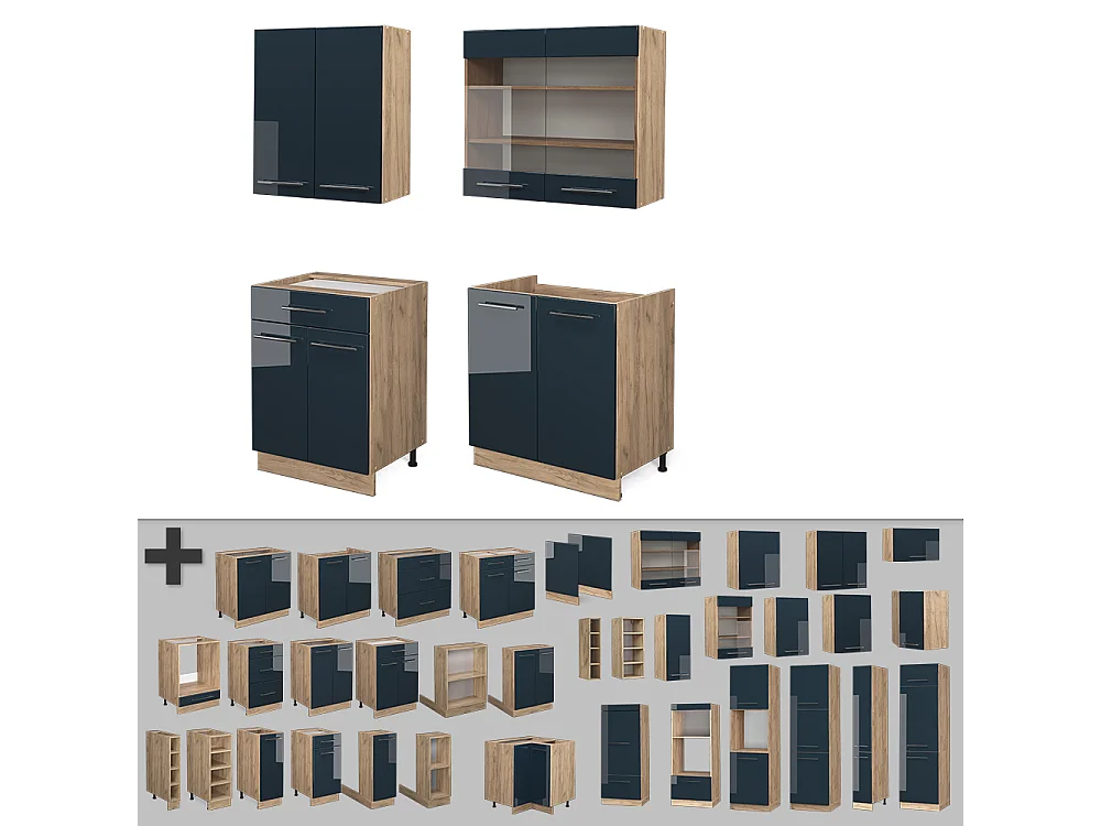 Kitchenette bleu foncé brillant/chêne doré 140x46x81.6 fame-line