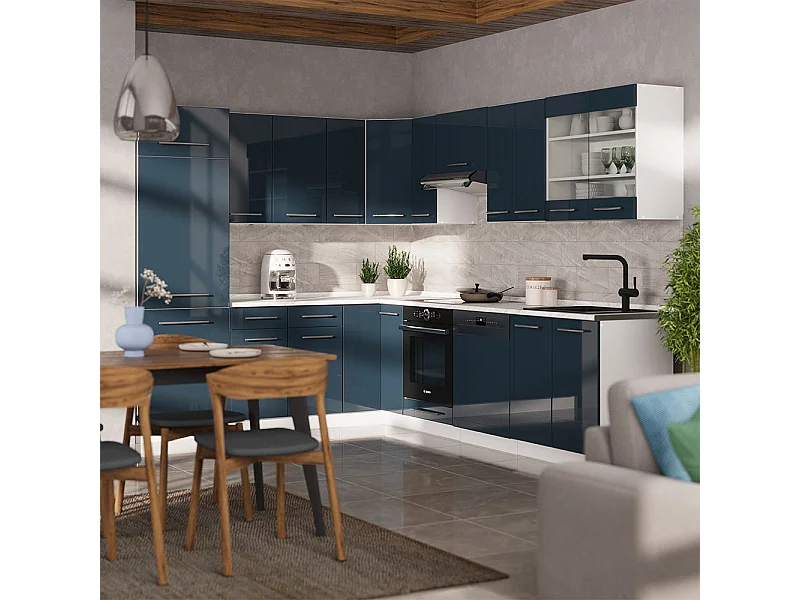 Cocina esquinera azul oscuro alto brillo/blanco 287x60x81.6 fame-line