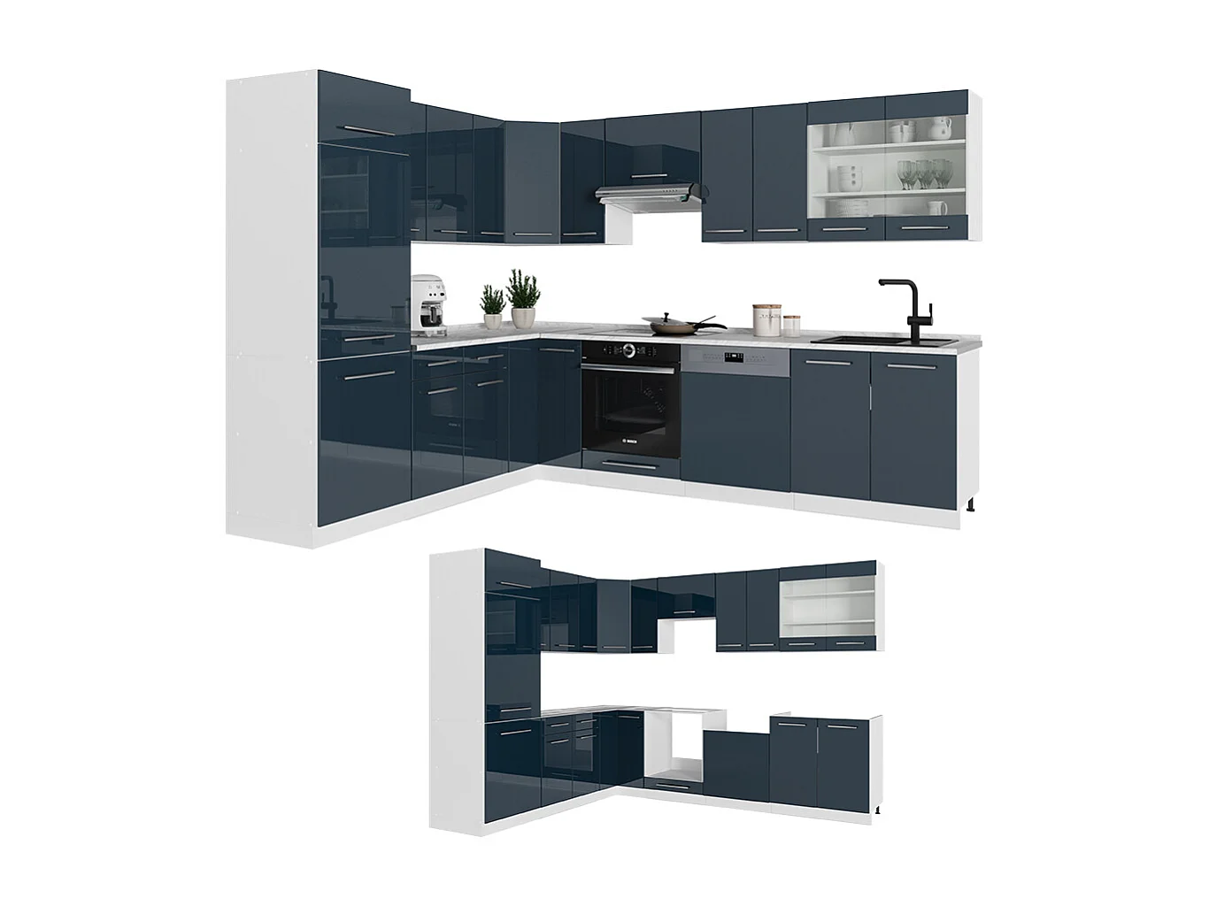 Eckküche dunkelblau hochglanz/weiß 287x60x81.6 fame-line