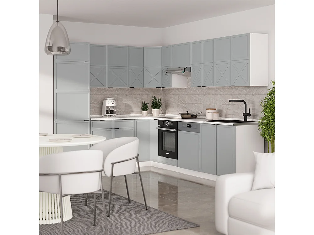 Cuisine en angle bleu clair-gris/blanc 287x46x81.6 fame-line