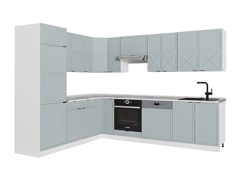 Cuisine en angle bleu clair-gris/blanc 287x46x81.6 fame-line