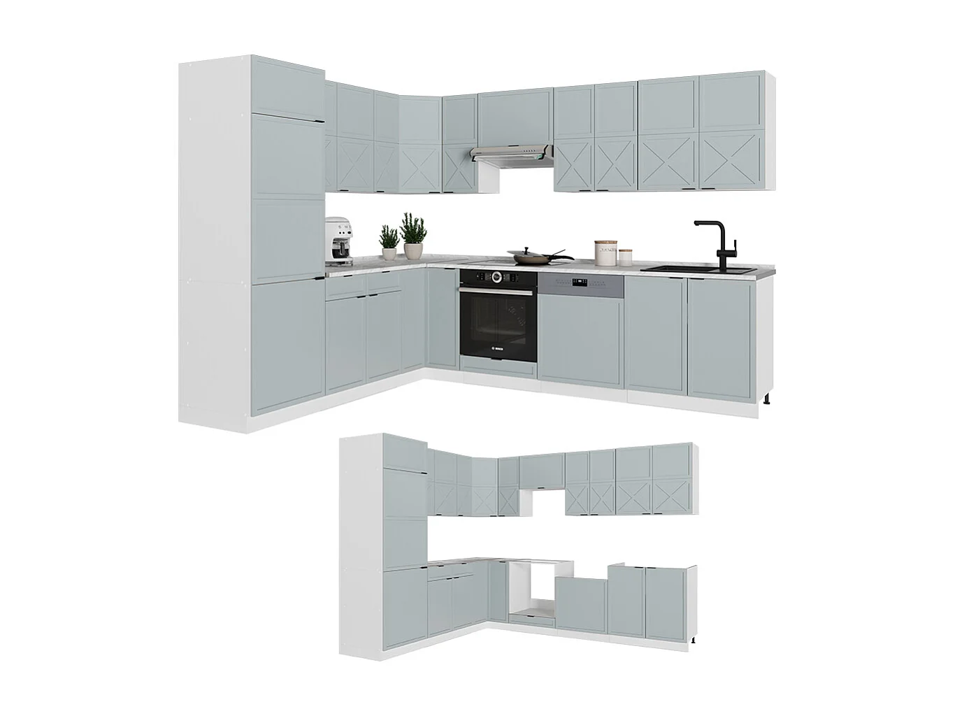 Cuisine en angle bleu clair-gris/blanc 287x46x81.6 fame-line
