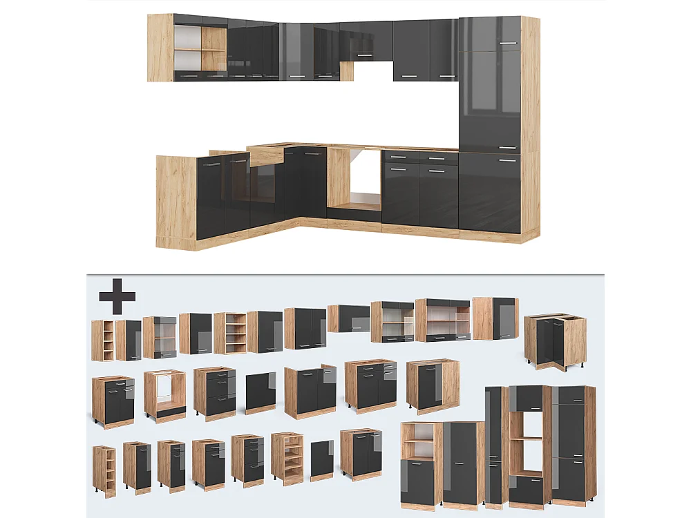 Cucina angolare completa antracite lucido/oro power oak 287x60x81.6 r-line