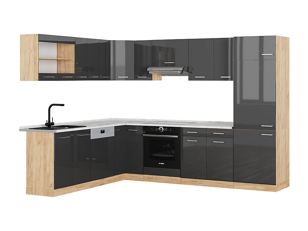 Cuisine en angle anthracite brillant/chêne doré 287x60x81.6 r-line