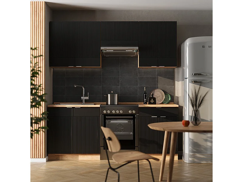 Complete keukeneenheid zwart gestreept/gouden eik 200x60x81.6 fame-line