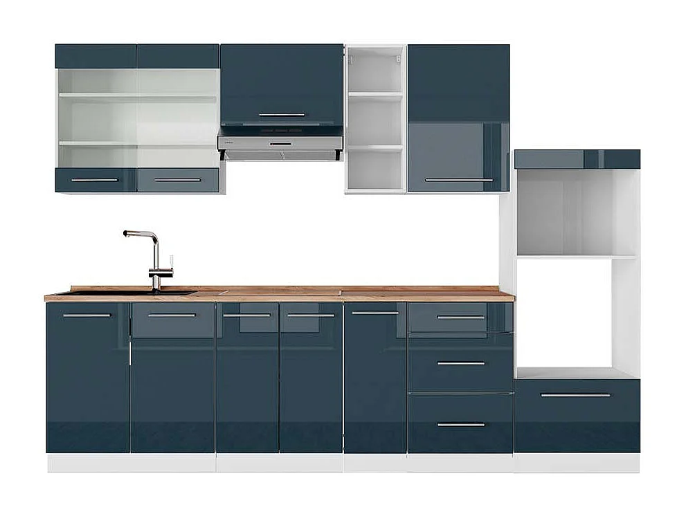 Mueble de cocina azul oscuro alto brillo/blanco 280x60x81.6 fame-line