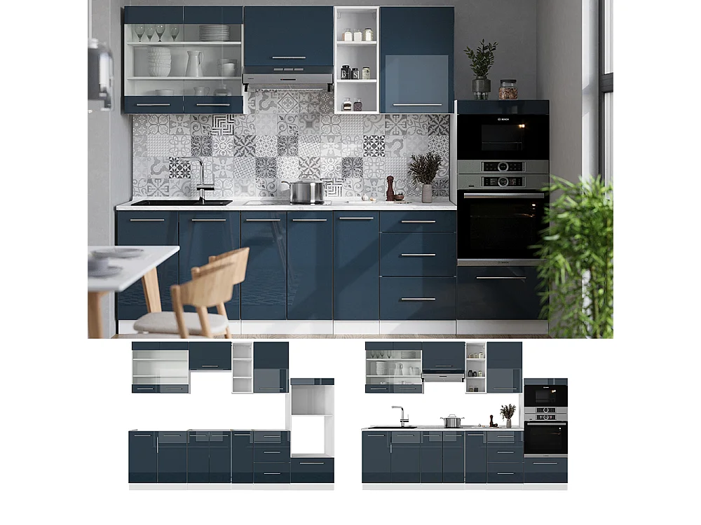 Cuisine bleu foncé brillant/blanc 280x60x81.6 fame-line