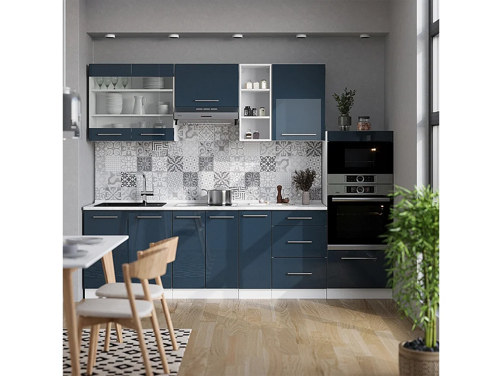 Cuisine bleu foncé brillant/blanc 280x60x81.6 fame-line