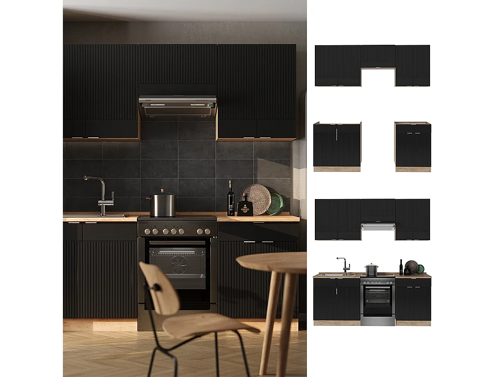 Cuisine noir rayé/chêne doré 200x60x81.6 fame-line