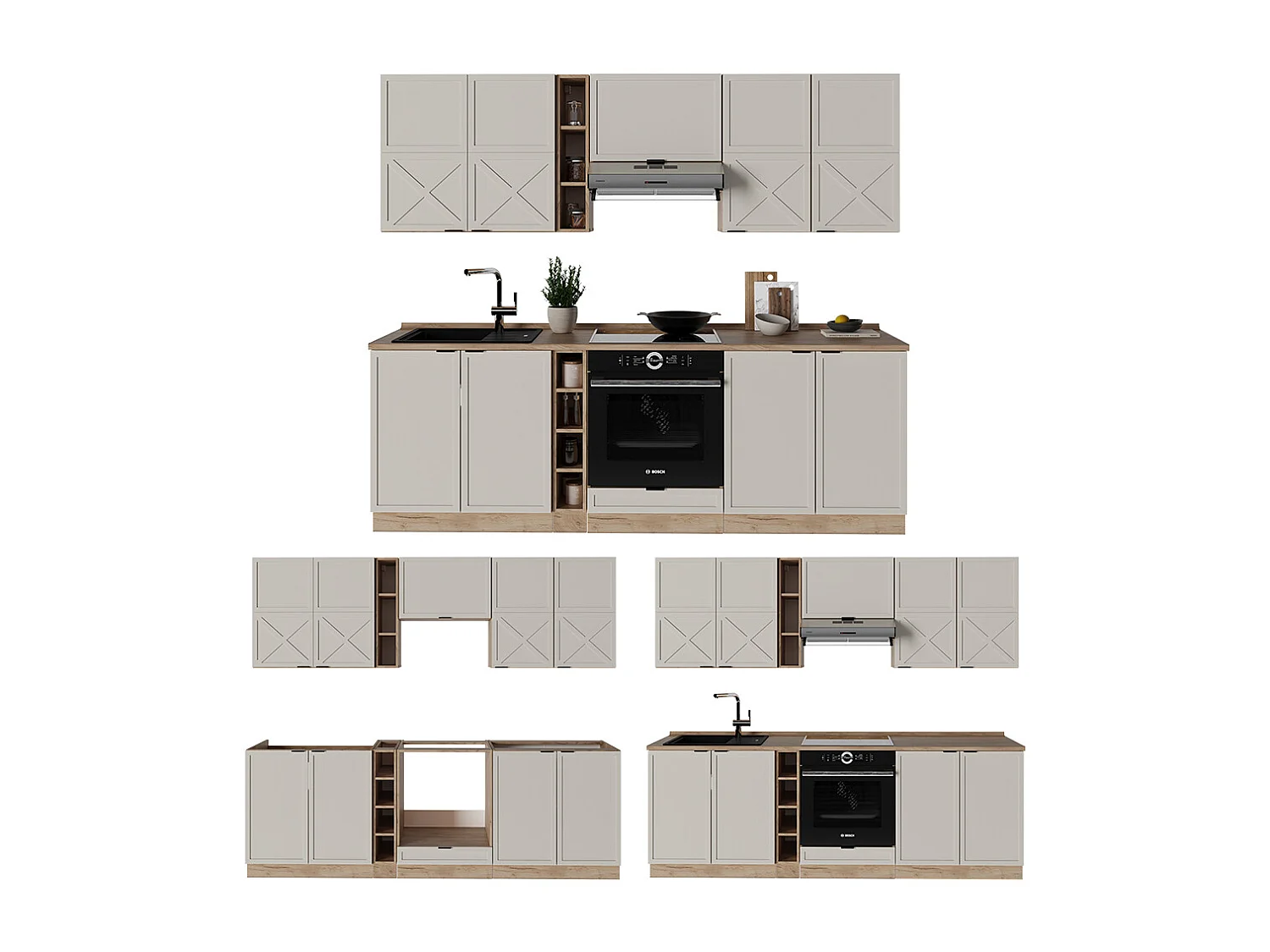 Køkkenrække grå/beige/gylden eg 235x60x81.6 fame-line