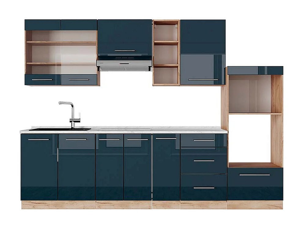 Küchenzeile dunkelblau hochglanz/goldkraft eiche 280x60x81.6 fame-line