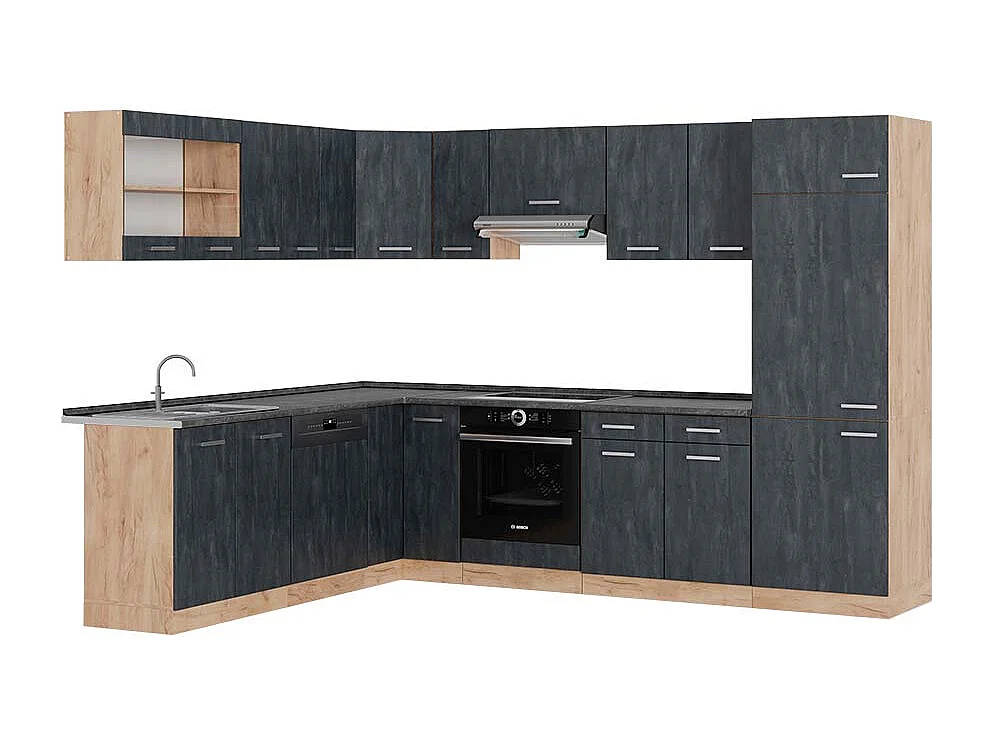 Cucina angolare completa calcestruzzo nero/quercia dorata 287x60x81.6 r-line