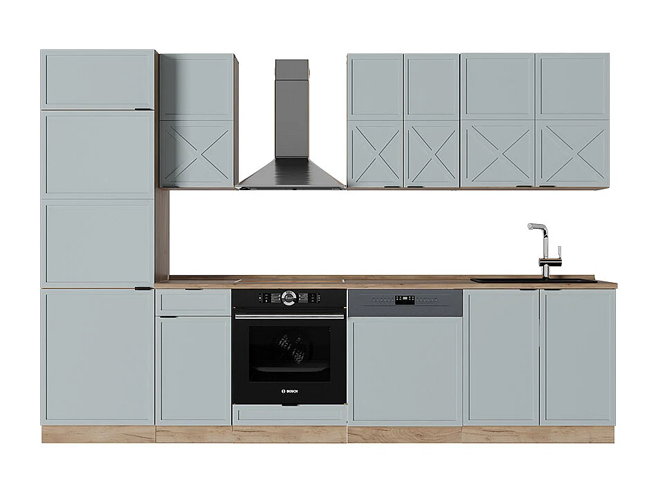 Køkkenrække lys blågrå/gylden eg 300x60x81.6 fame-line