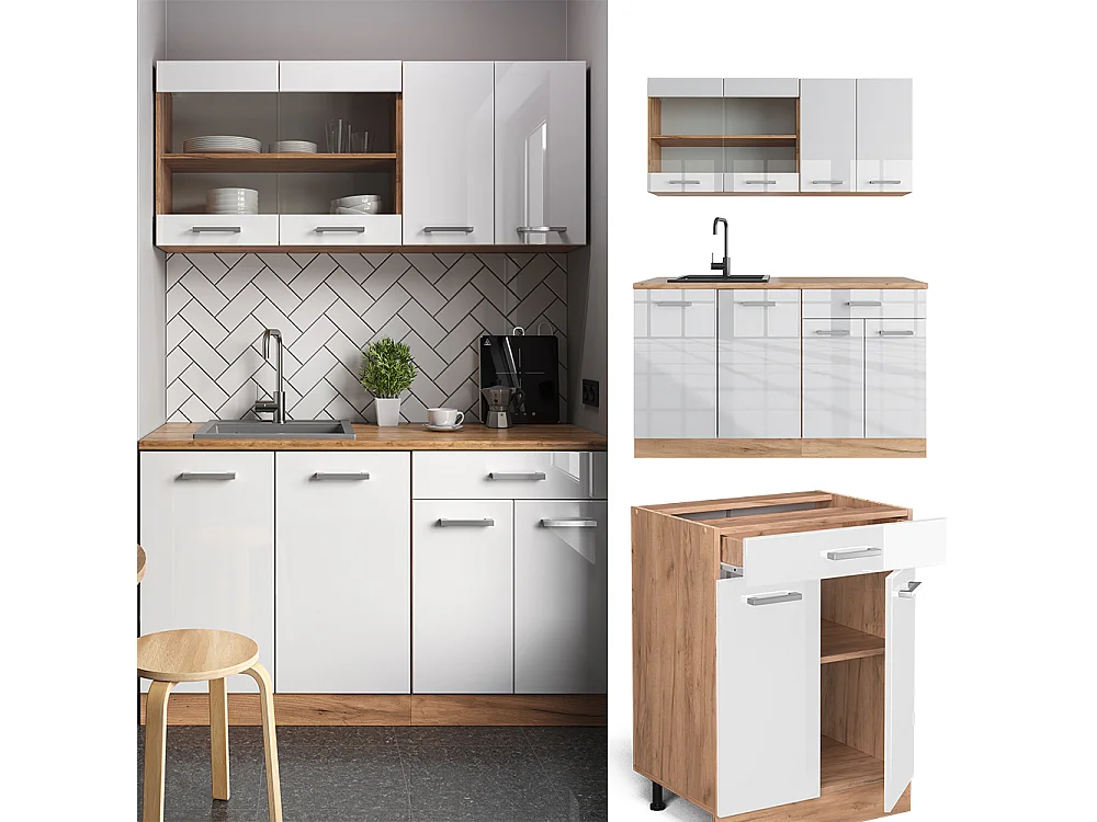 Cucina monoblocco bianco lucido/oro power oak 140x60x81.6 r-line