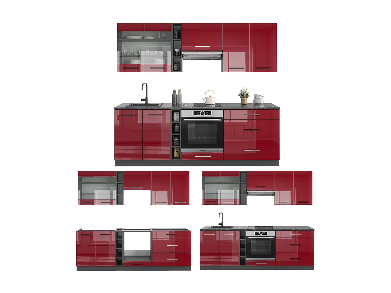 Cucina componibile bordeaux lucido/antracite 235x60x81.6 fame-line