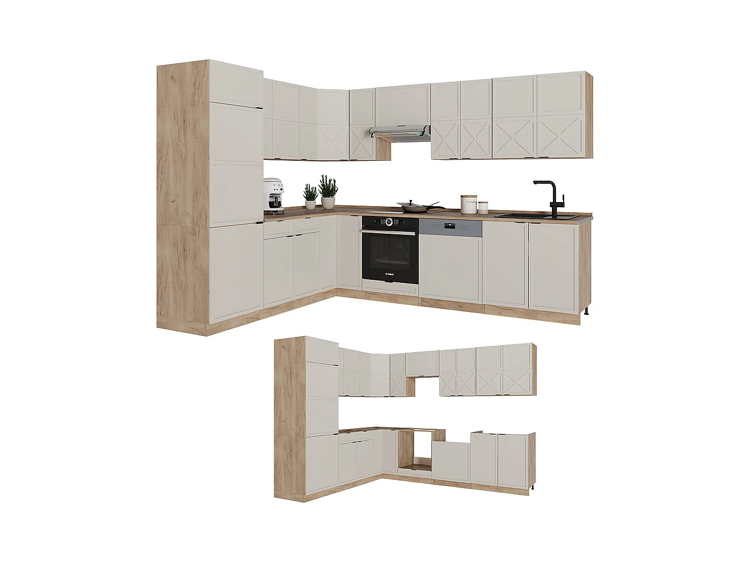 Kogoszczona kuchnia szary/beżowy/złoty dąb 227x60x81.6 fame-line